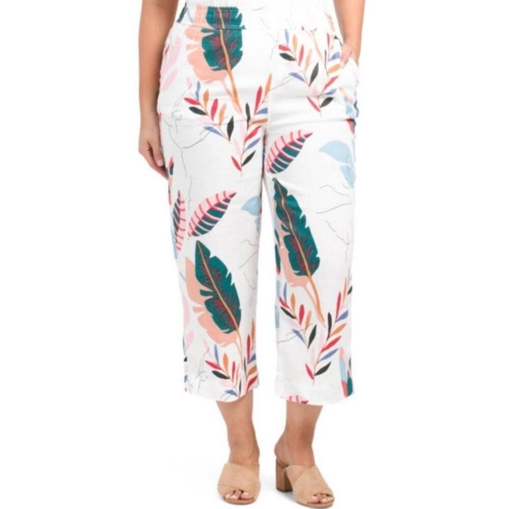 Cynthia Rowley 100% Linen Tropical Leaf Print Wide Leg Cropped Pants Size 1X